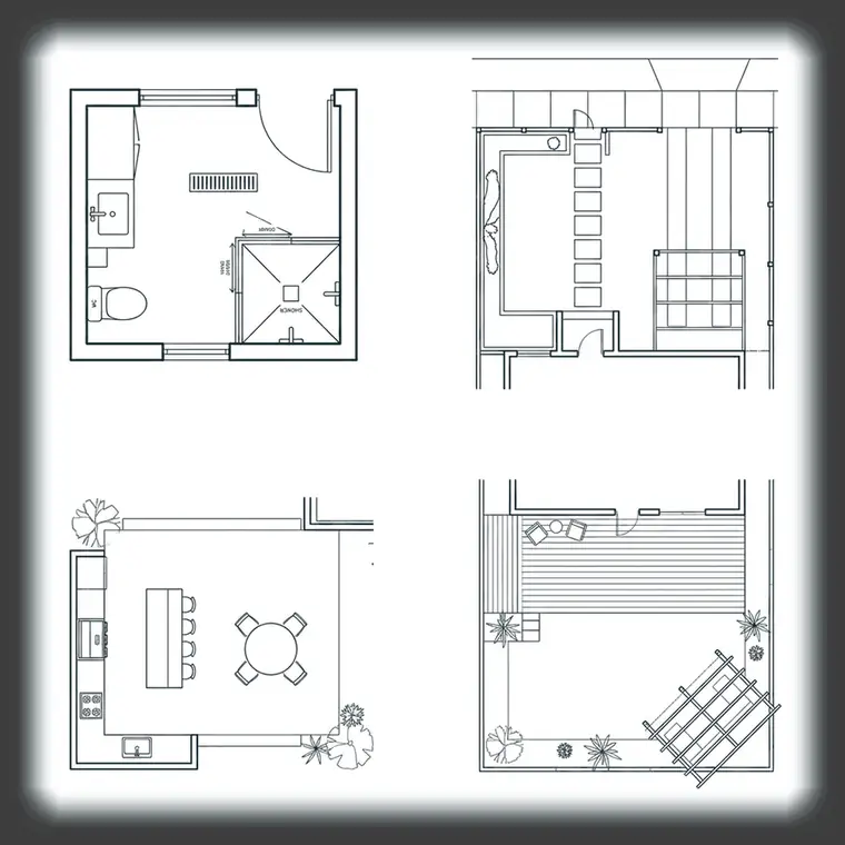 Indicative set-out drawings &mdash; bathroom, living, kitchen, deck